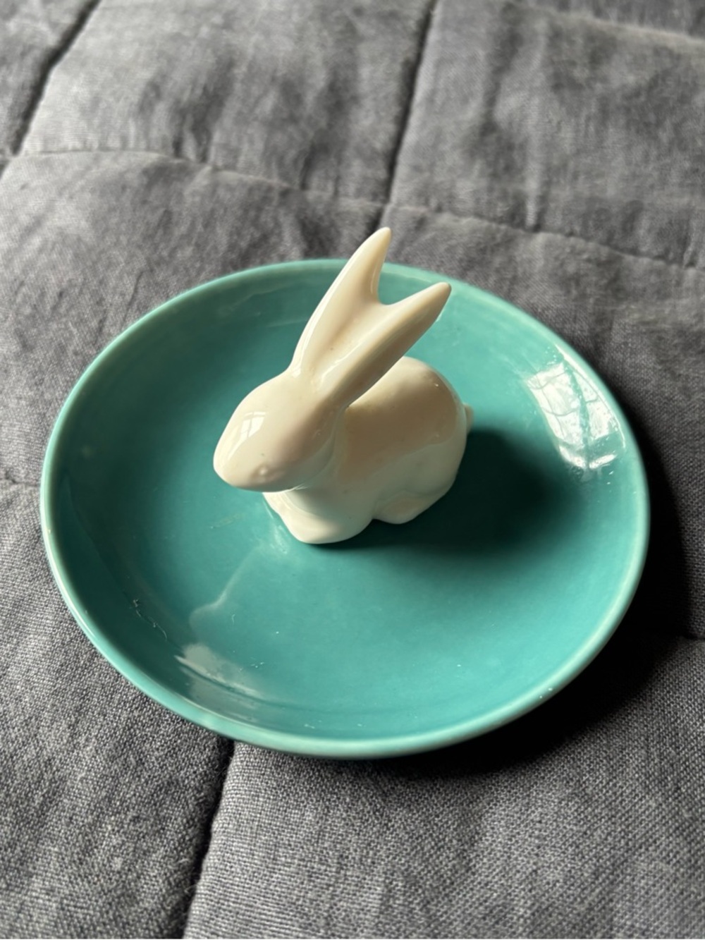 Bunny rabbit ring jewelry dish tray trinket organizer bowl teal blue